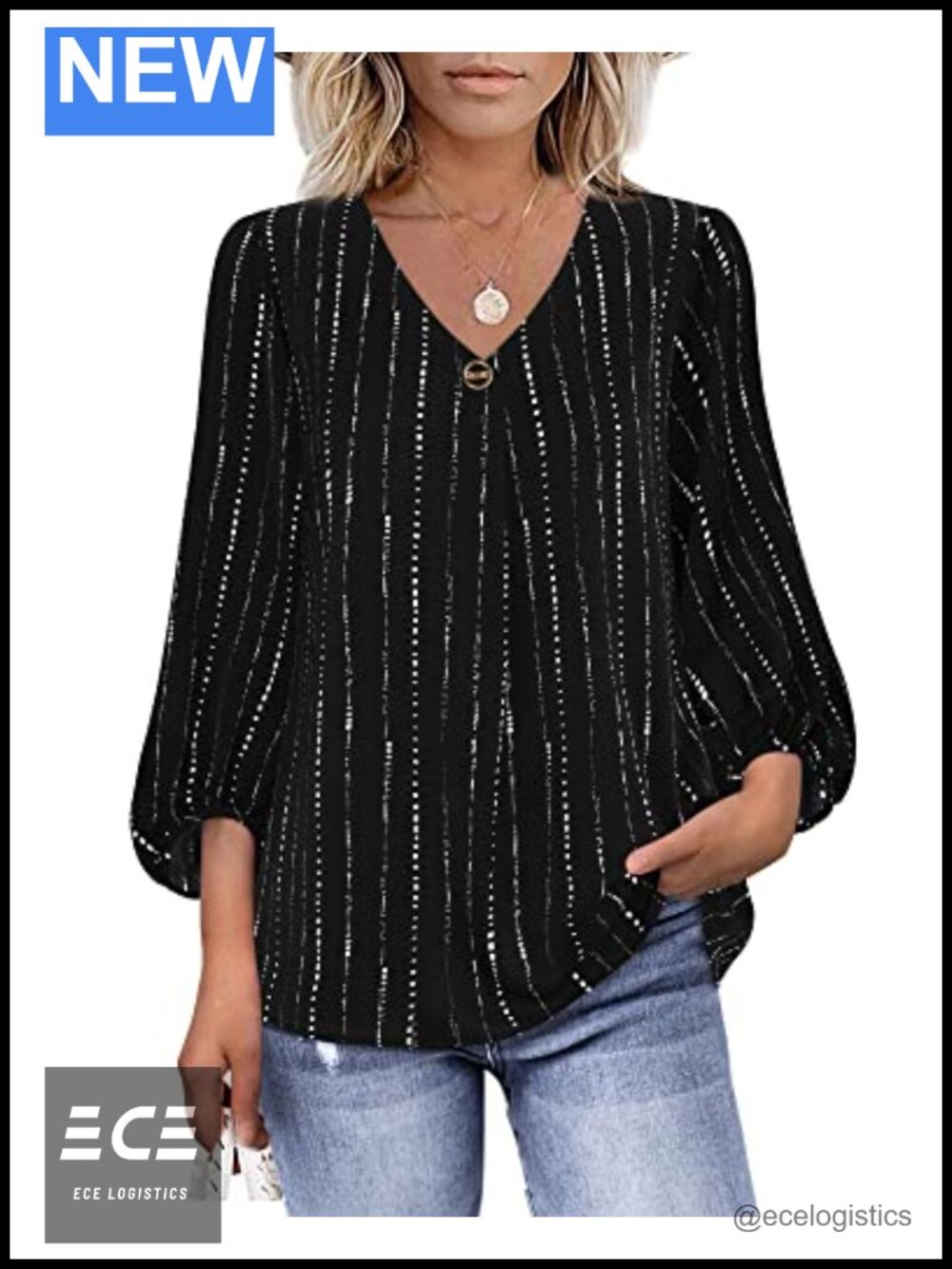 Bebonnie Womens V-Neck Chiffon Blouse 3/4 Lantern Sleeve Tunic Top